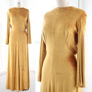 70s does 30s Velvet Gown | Vintage Gold Old Hollywood Long Sleeve Maxi Dress